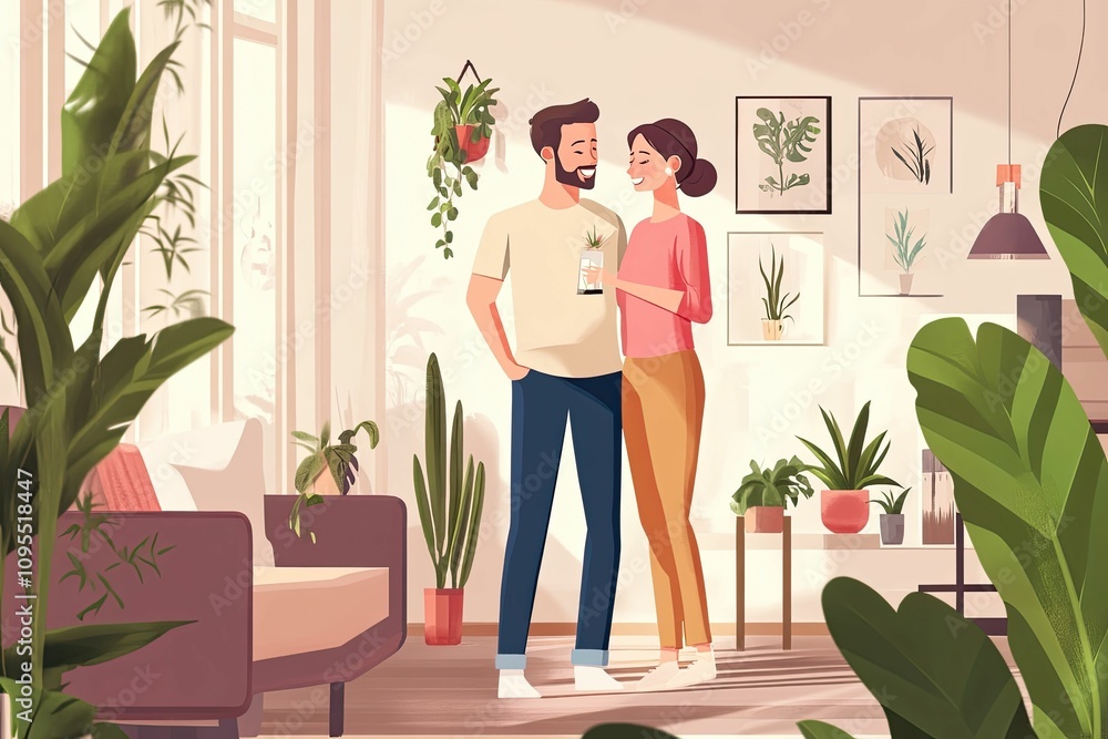 A couple standing in a room full of plants.