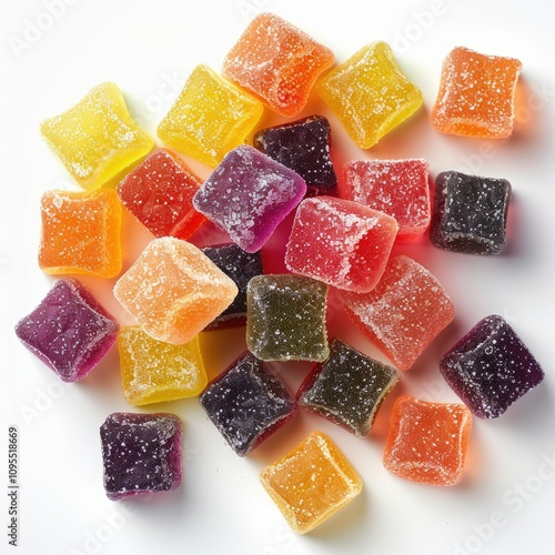 Colorful gummy candies on white background top view.