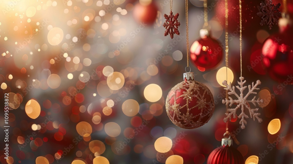 Festive red Christmas ornaments and snowflakes with golden bokeh background for holiday celebration ambiance Festive red Christmas ornaments and snowflakes with golden bokeh background for holiday celebration ambiance