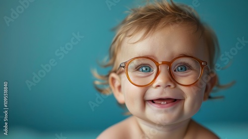 Closeup portrait of a happy toddler girl with blonde hair wearing oversized round eyeglasses against a teal background. photo