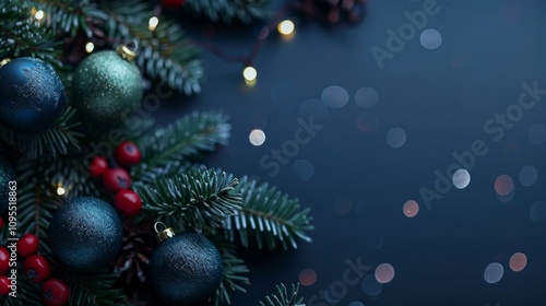  Festive Christmas decoration with baubles and pine branches on dark background, holiday greeting card concept