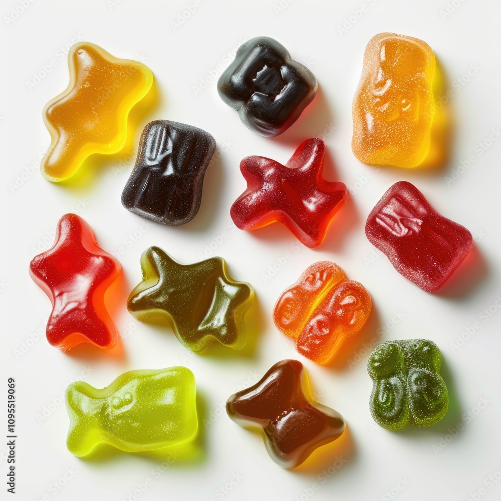 Assorted gummy candies on white background. Top view. Assorted gummy candies on white background. Top view.