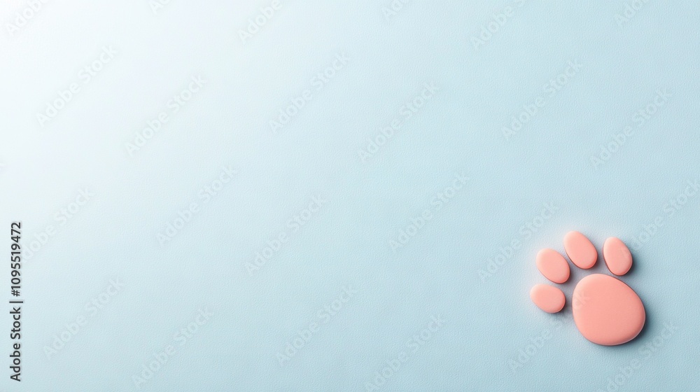 A pink cat's shadow on a light blue background with paw prints A pink cat's shadow on a light blue background with paw prints