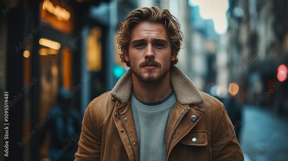 A man with a beard and a brown coat is standing in front of a building A man with a beard and a brown coat is standing in front of a building