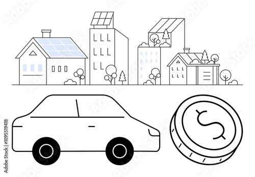 Car and coin in front of buildings with solar panels and trees. Ideal for sustainability, clean energy, urban planning, eco-friendly transportation, green living, renewable energy, and urban