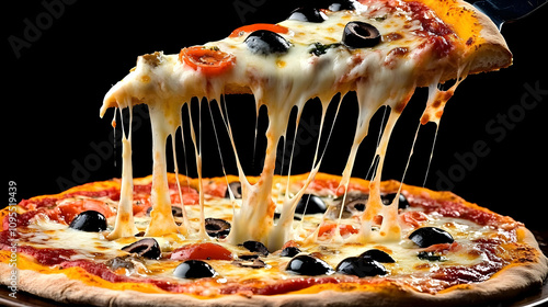 A Mouthwatering Slice of Pizza with Stretchy Cheese and Black Olives Topped with Juicy Tomatoes Against a Dark Background