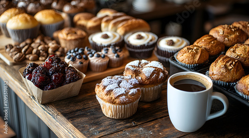 A cozy display of freshly baked muffins, pastries, and coffee on a rustic wooden table, creating an inviting atmosphere for dessert lovers.