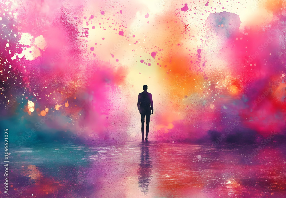 A solitary figure stands in the midst of a vibrant abstract landscape filled with colorful splashes, evoking feelings of introspection and creative exploration. A solitary figure stands in the midst of a vibrant abstract landscape filled with colorful splashes, evoking feelings of introspection and creative exploration.