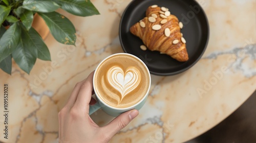 Latte Art in a Cup Held Above Marble Table with Almond Croissant  
 photo