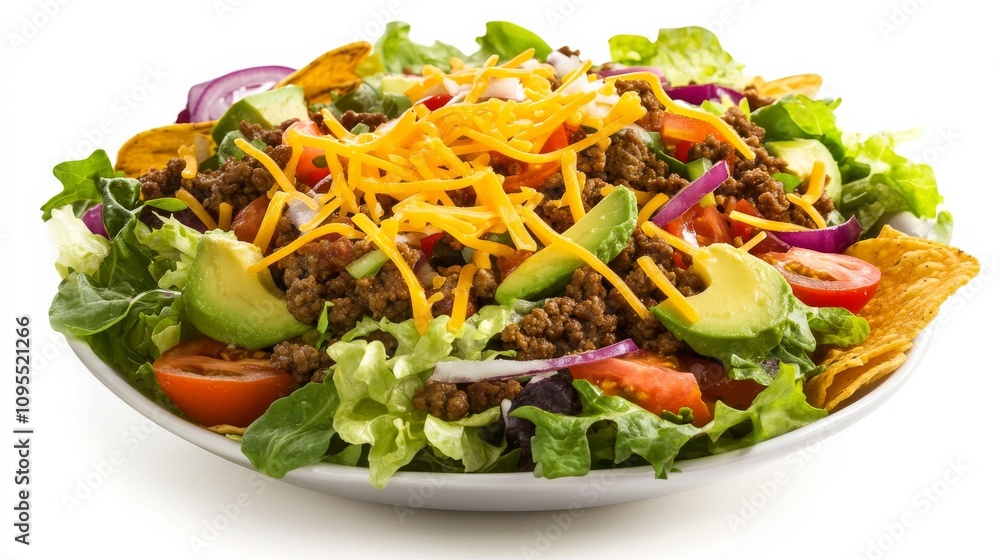 A colorful taco salad with mixed greens, seasoned ground beef, tomatoes A colorful taco salad with mixed greens, seasoned ground beef, tomatoes