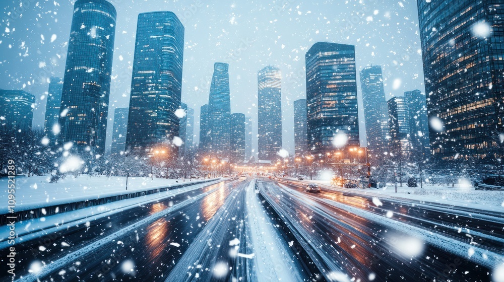 A snowy urban landscape with skyscrapers and a road, evoking a serene winter atmosphere. A snowy urban landscape with skyscrapers and a road, evoking a serene winter atmosphere.