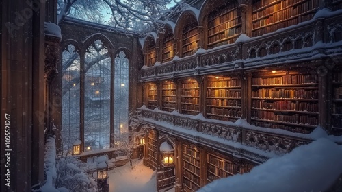 A serene library covered in snow, featuring tall bookshelves and warm glowing lights.