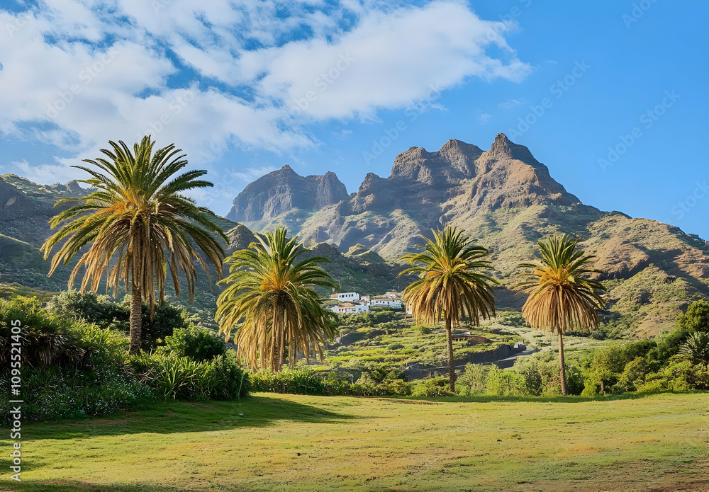 Serene Lush Green Mountains with Palm Trees Against a Bright Blue Sky in a Picturesque Landscape Setting Featuring Natural Beauty Serene Lush Green Mountains with Palm Trees Against a Bright Blue Sky in a Picturesque Landscape Setting Featuring Natural Beauty