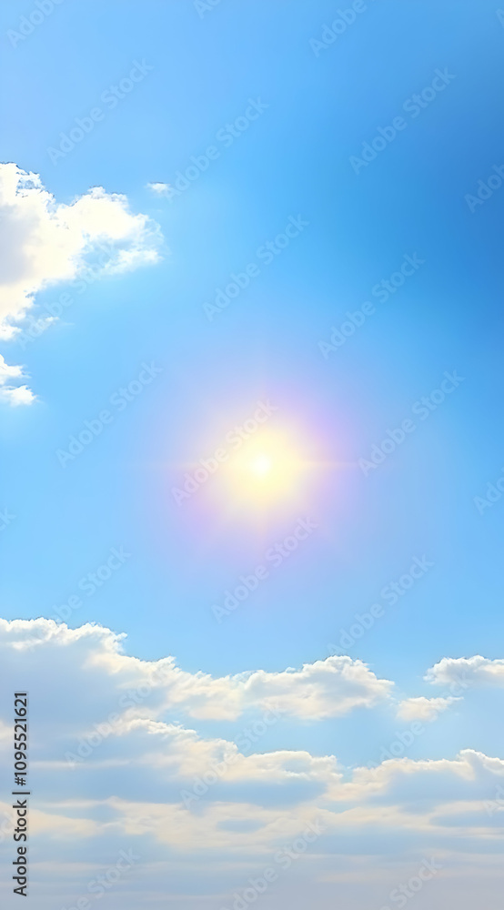 Bright and Radiant Sunlight Shining in a Clear Blue Sky with Soft White Clouds and a Subtle Rainbow Effect Creating a Dreamy Atmosphere Bright and Radiant Sunlight Shining in a Clear Blue Sky with Soft White Clouds and a Subtle Rainbow Effect Creating a Dreamy Atmosphere