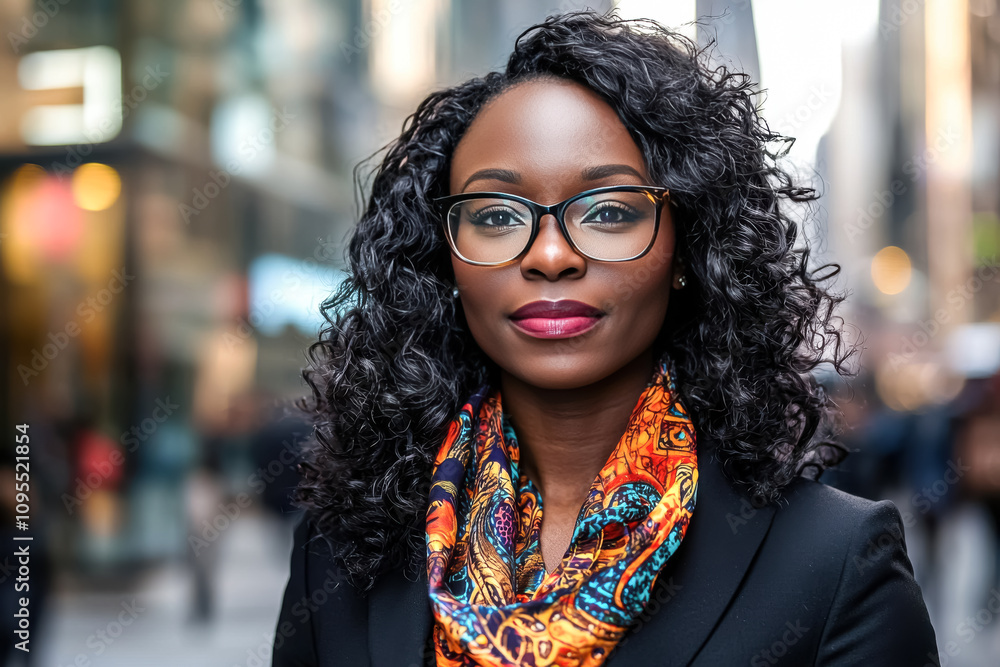 Sophisticated Executive Posing on a Busy Street. A dark-skinned woman with curly black hair, wearing glasses and vibrant attire, in a bright cityscape.
Sophisticated Executive Posing on a Busy Street. A dark-skinned woman with curly black hair, wearing glasses and vibrant attire, in a bright cityscape.
