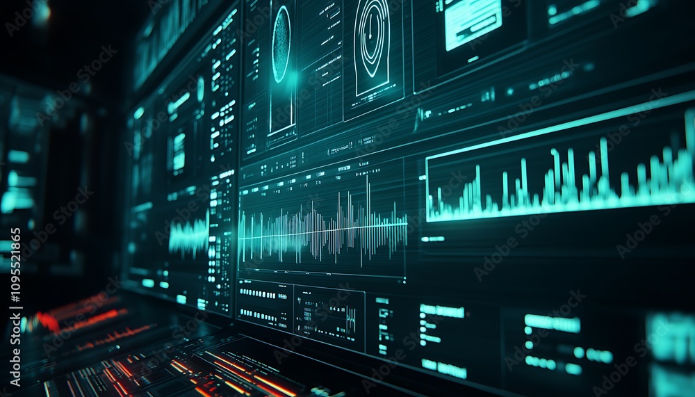 A futuristic digital interface displaying data analytics and visualizations. A futuristic digital interface displaying data analytics and visualizations.