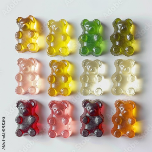 Vitamins for child gummy bears on white background.