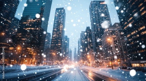 A snowy cityscape featuring tall buildings and a quiet street illuminated by city lights.