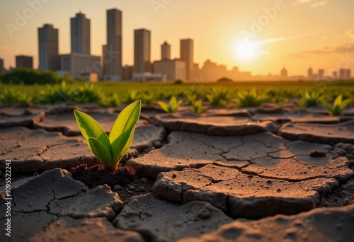 Resilient Green Sprout Breaking Through Dry Earth Against Urban Sunset Cityscape