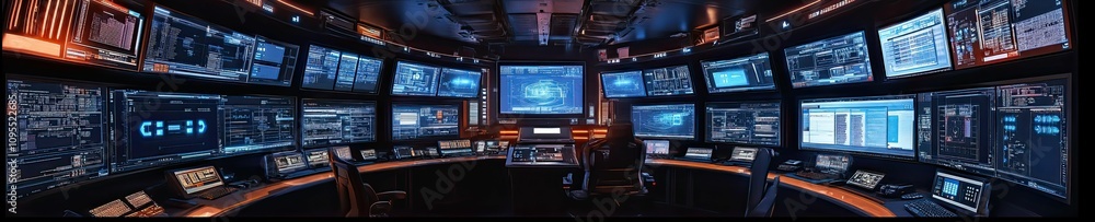 A high-tech control room with many monitors. A high-tech control room with many monitors.