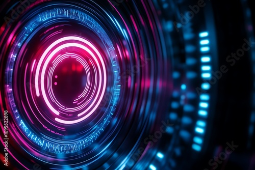 Abstract digital design featuring concentric circles with vibrant neon colors.