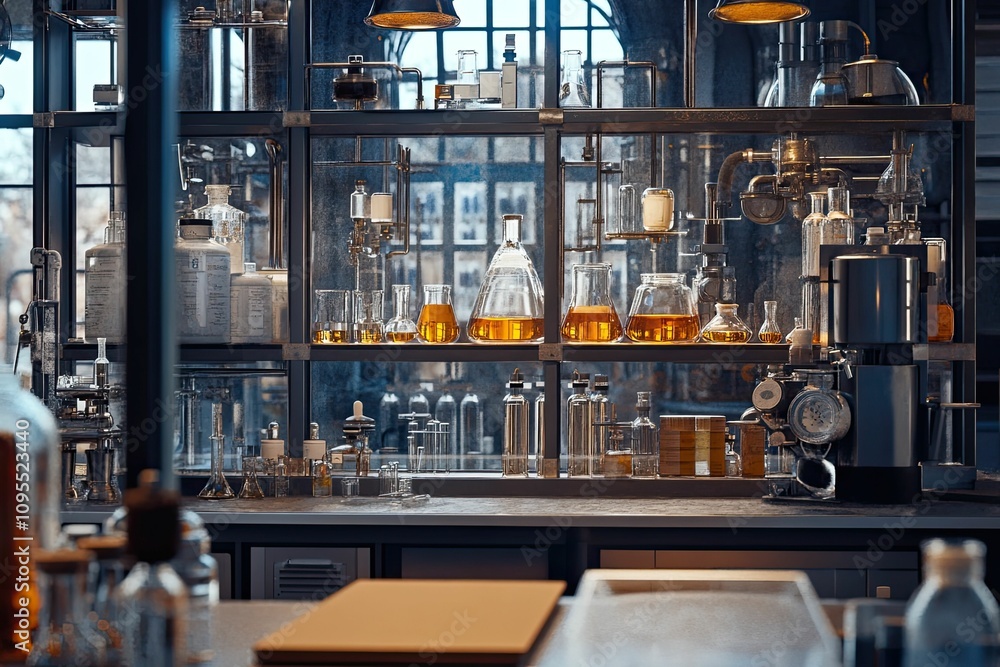Laboratory with beakers, flasks, and other equipment. Laboratory with beakers, flasks, and other equipment.