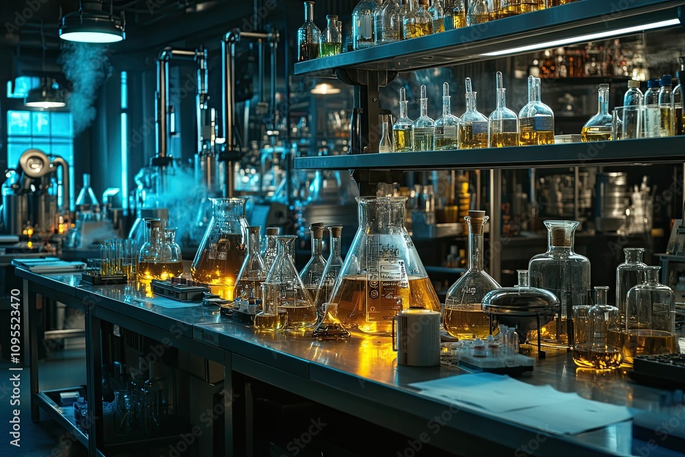 A laboratory with glass beakers and a steel table. A laboratory with glass beakers and a steel table.
