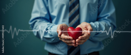 A doctor in a blue shirt and stethoscope holds a red heart, symbolizing healthcare and medical care, with an electrocardiogram in the background. Represents heart health and compassionate medical trea photo