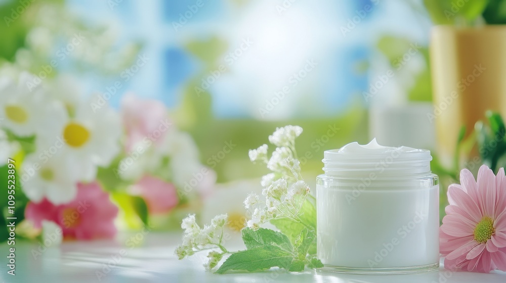 Herbal Creams and Essential Oils Elegantly Arranged With Fresh Flowers in a Serene Natural Setting Herbal Creams and Essential Oils Elegantly Arranged With Fresh Flowers in a Serene Natural Setting