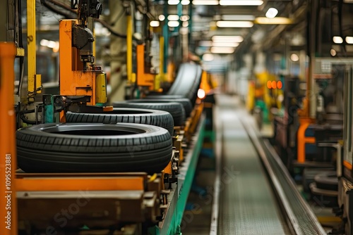 Conveyor belt carrying tires in factory.