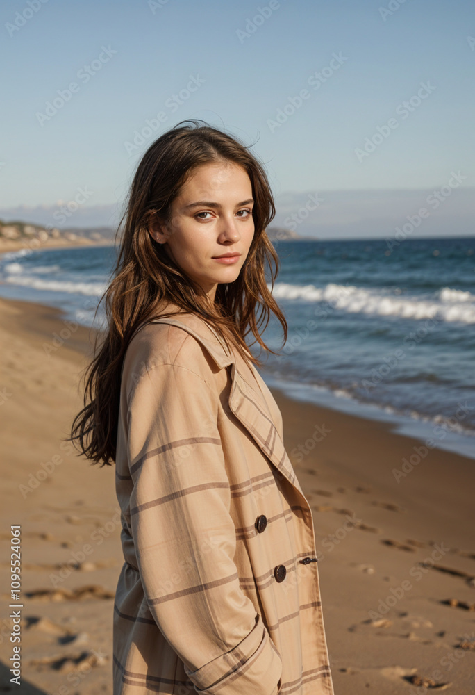 A young woman with long brown hair stands on a sandy beach, wearing a beige plaid trench coat. The ocean waves gently roll in the background under a clear sky. A young woman with long brown hair stands on a sandy beach, wearing a beige plaid trench coat. The ocean waves gently roll in the background under a clear sky.