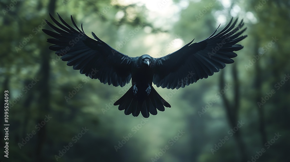 Obraz premium Majestic black crow soaring sky fully image