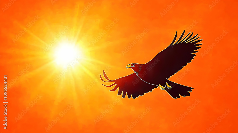 Fototapeta premium Majestic Eagle Soaring Gracefully Through the Vibrant Orange Sky with Bright Sunlight Illuminating the Scene