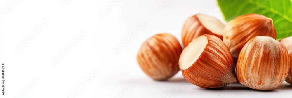 Delicately Arranged Hazelnuts Showcasing Natural Texture Against a Pristine White Backdrop Delicately Arranged Hazelnuts Showcasing Natural Texture Against a Pristine White Backdrop