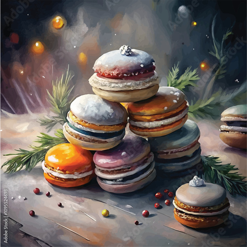 Elegant macaron display featuring winter holiday accents