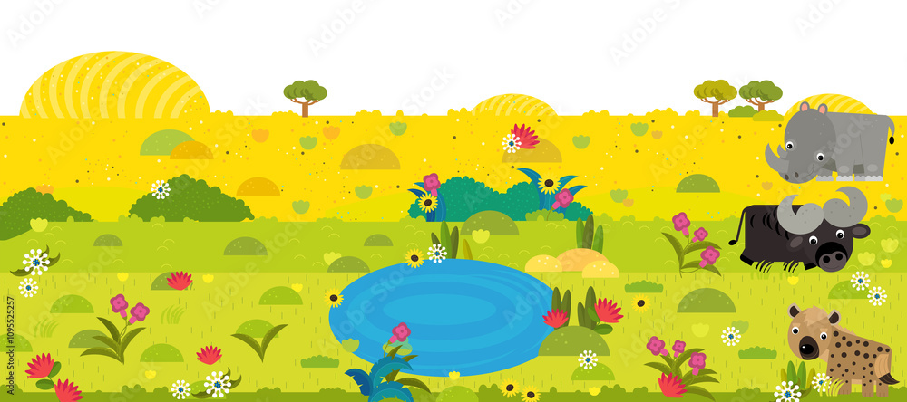 Obraz premium cartoon scene with frame border template with african animals and nature like elephant ape cat cheetah bird flamingo alligator crocodile hyena and other with space for text illustration for children