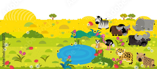 cartoon scene with frame border template with african animals and nature like elephant ape cat cheetah bird flamingo alligator crocodile hyena and other with space for text illustration for children