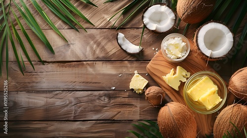 Coconut oil, flakes, and whole coconuts on wooden surface with green palm leaves.