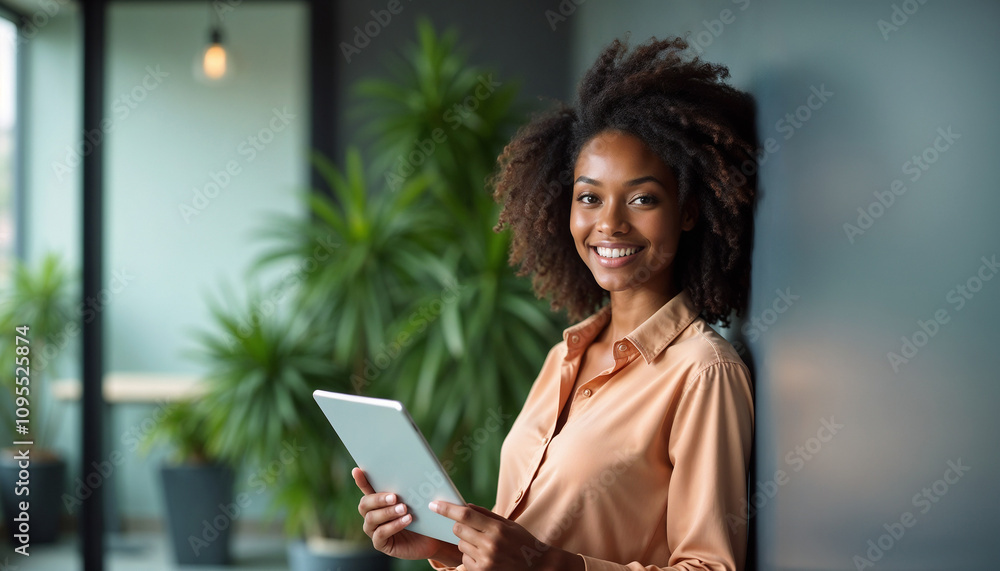 A confident professional woman in a modern office environment, smiling while holding a digital tablet. The room is filled with lush green plants, creating a positive and inspiring workspace.
A confident professional woman in a modern office environment, smiling while holding a digital tablet. The room is filled with lush green plants, creating a positive and inspiring workspace.