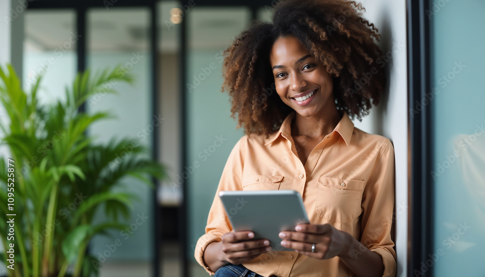 A confident professional woman in a modern office environment, smiling while holding a digital tablet. The room is filled with lush green plants, creating a positive and inspiring workspace.
A confident professional woman in a modern office environment, smiling while holding a digital tablet. The room is filled with lush green plants, creating a positive and inspiring workspace.