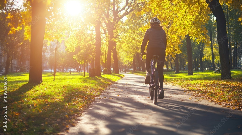Cyclist Riding Through Sunlit Autumn Park Path Cyclist Riding Through Sunlit Autumn Park Path