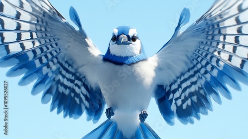 Stunning blue and white bird flying open across picture