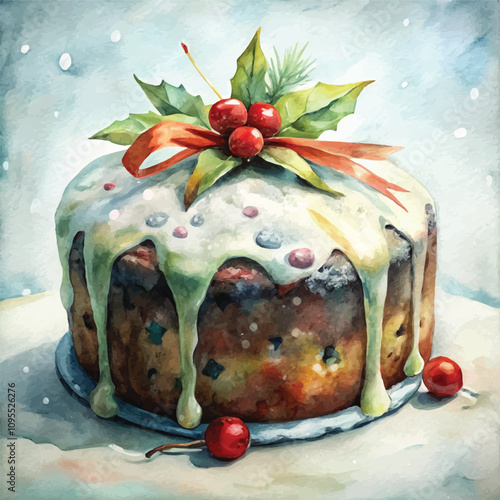 Traditional Christmas fruitcake with holly and festive ribbon decoration