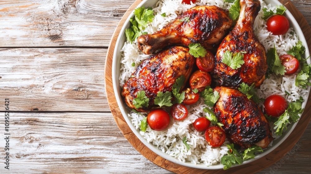 Grilled chicken with rice and tomatoes home kitchen food photography rustic setting close-up culinary delight Grilled chicken with rice and tomatoes home kitchen food photography rustic setting close-up culinary delight