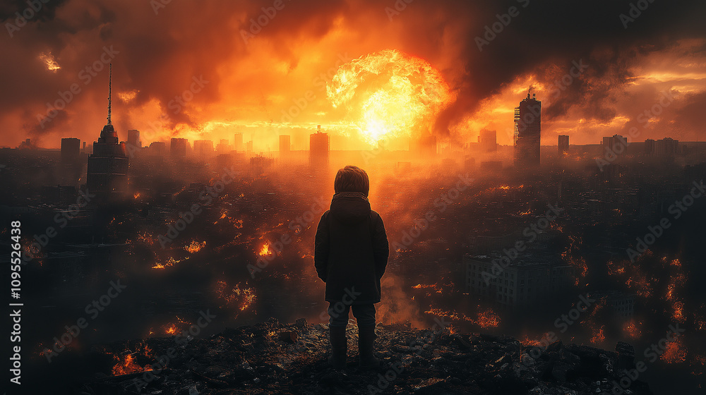 Fototapeta premium child stands in the center around the war explosions destruction