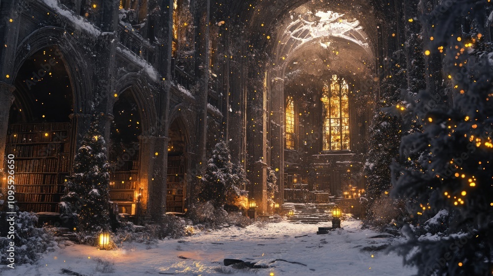 A serene winter scene in a grand library, illuminated by soft light and snowfall. A serene winter scene in a grand library, illuminated by soft light and snowfall.