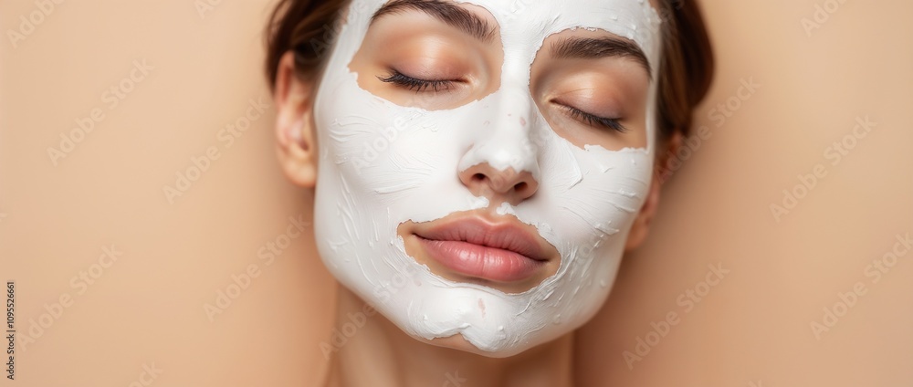 A serene woman with a rejuvenating white face mask, embodying tranquility and skincare wellness. Perfect for promoting beauty routines and self-care. The soft peach background enhances the calming atm A serene woman with a rejuvenating white face mask, embodying tranquility and skincare wellness. Perfect for promoting beauty routines and self-care. The soft peach background enhances the calming atm