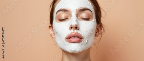 A serene woman with a rejuvenating white face mask, embodying tranquility and skincare wellness. Perfect for promoting beauty routines and self-care. The soft peach background enhances the calming atm