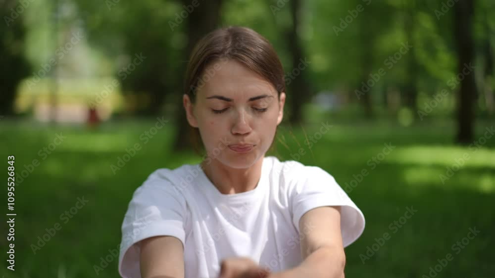 A young woman intensely performs energetic yoga movements in a serene park. With her hands clasped and eyes closed, she focuses deeply on her breathing and actions, radiating strength and A young woman intensely performs energetic yoga movements in a serene park. With her hands clasped and eyes closed, she focuses deeply on her breathing and actions, radiating strength and