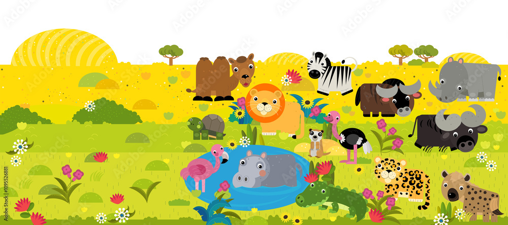 cartoon scene with frame border template with african animals and nature like elephant ape cat cheetah bird flamingo alligator crocodile hyena and other with space for text illustration for children cartoon scene with frame border template with african animals and nature like elephant ape cat cheetah bird flamingo alligator crocodile hyena and other with space for text illustration for children